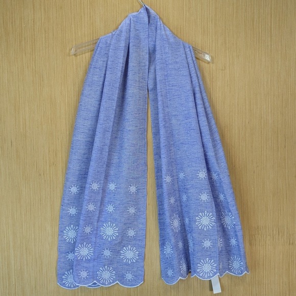 Talbots Accessories - Talbots Womens Scarf Blue Embroidered Floral Scalloped Trim Cotton Blend New